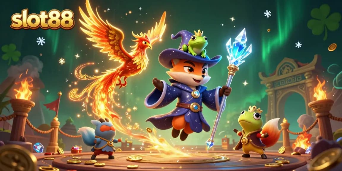 Experience exhilarating action at slot88 with a mystical wizard, phoenix, and enchanted frog in a vibrant casino illustration.