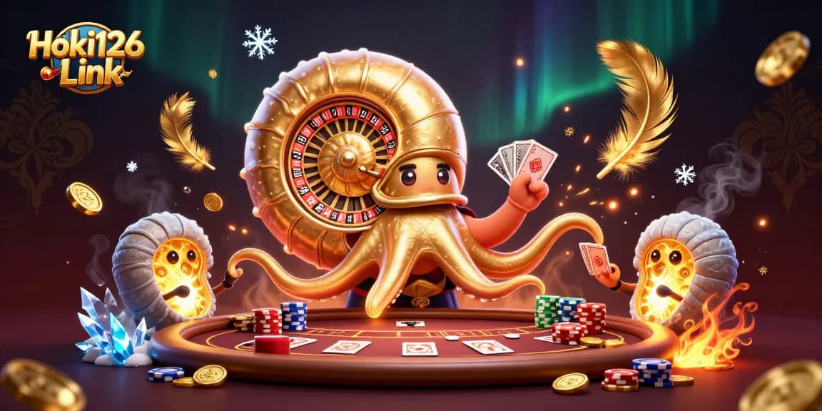 Gambarlah suasana kasino dengan Hoki126 Link yang menampilkan nautilus raksasa dan permainan kartu seru.