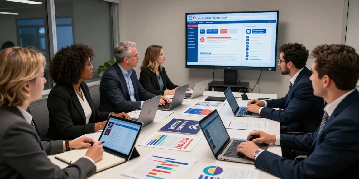 Political reputation management team collaborating in a modern office space analyzing data and strategies for successful campaigns.
