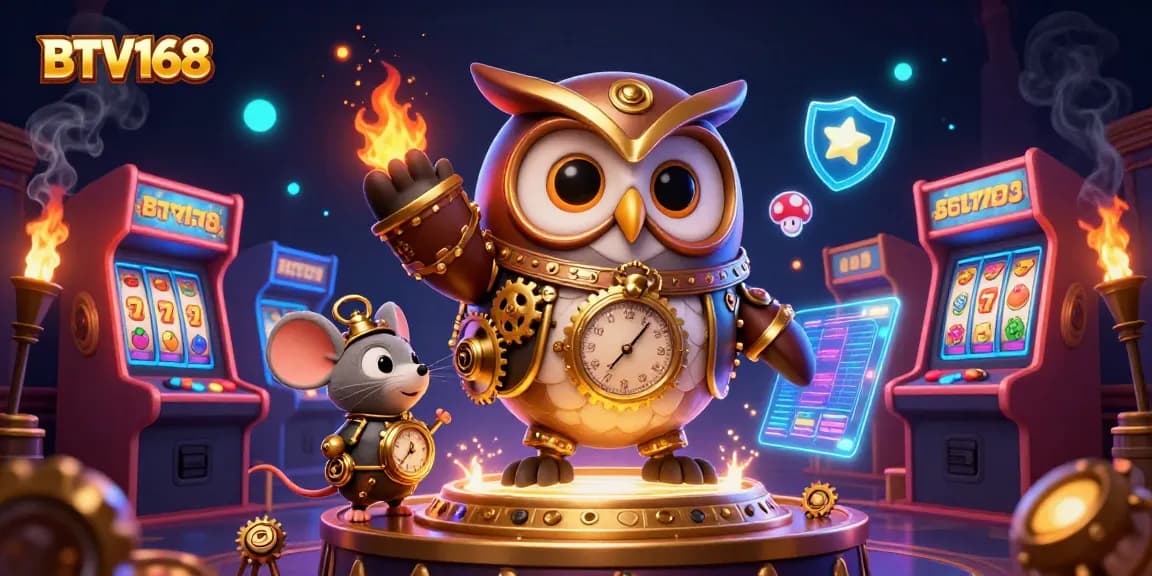 BTV168 features a steampunk owl and mouse in a dynamic casino scene with vivid arcade games.