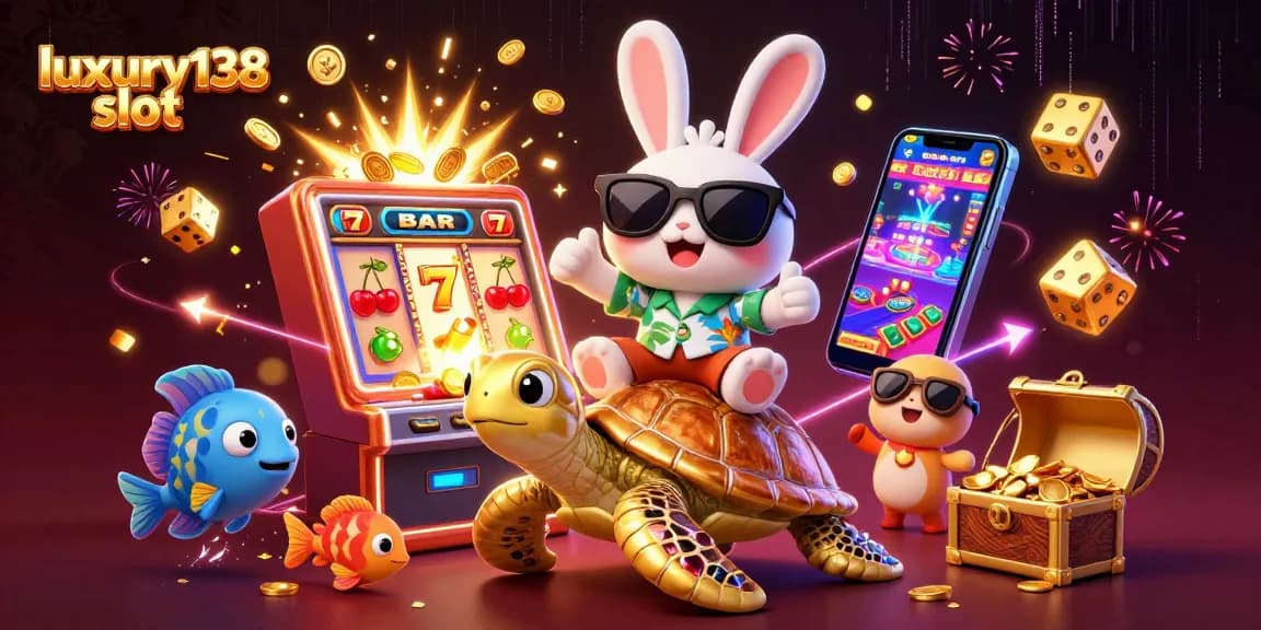 Win big at luxury138 slot with this vibrant scene featuring a lucky rabbit and golden turtle.