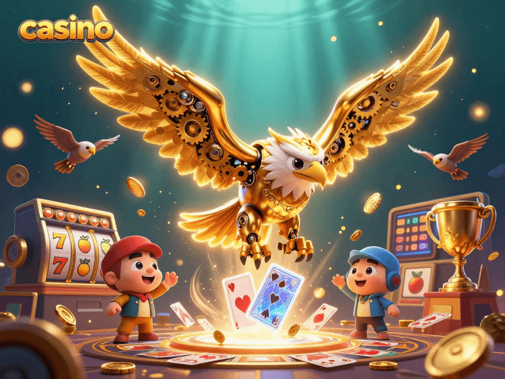 Experience thrilling casino action with a cybernetic eagle diving through slot machines.
