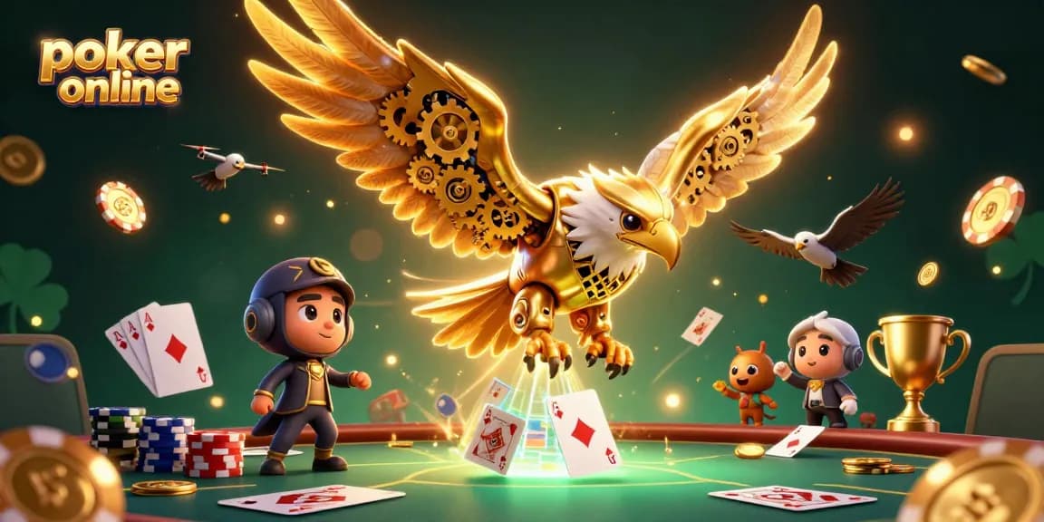 Jouez au poker en ligne avec un aigle cybernétique, des cartes holographiques et des jetons scintillants.