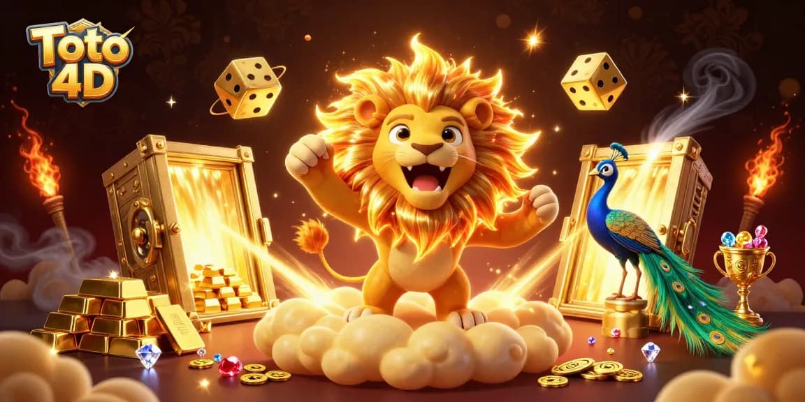 Toto 4D gaming adventure with a roaring lion, golden dice, and treasure vault in vibrant 3D art