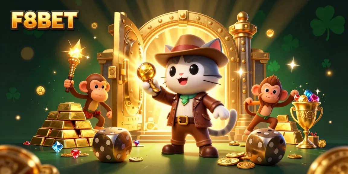 Experience the thrill of winning with F8BET’s dynamic scene featuring a feline explorer and treasures.