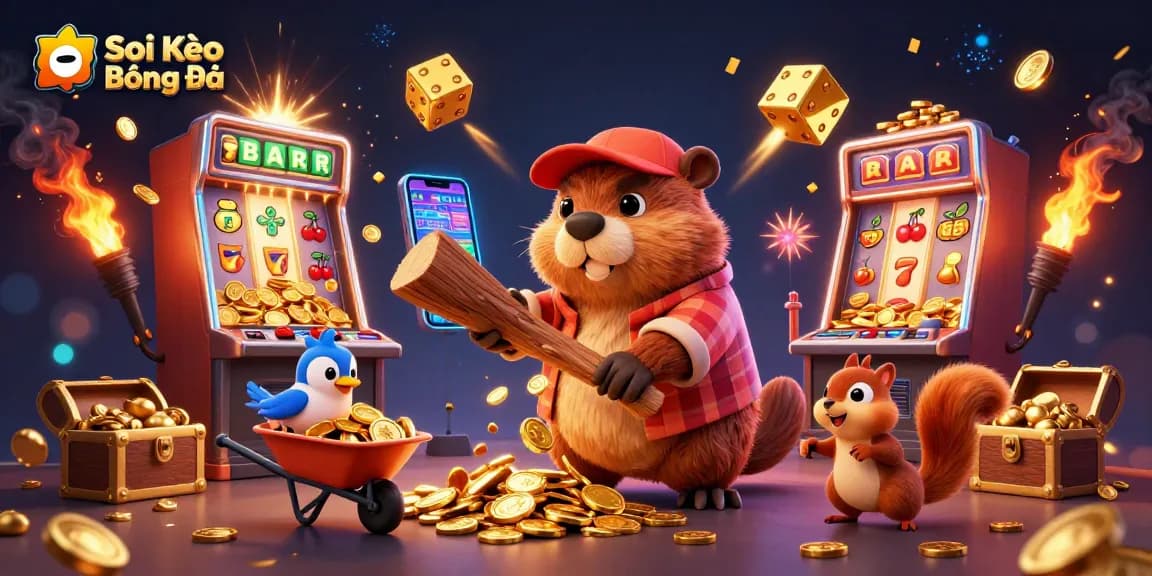 Soi Kèo Bóng Đá showcases an exciting scene where a charismatic beaver collects golden coins in a vibrant casino environment.