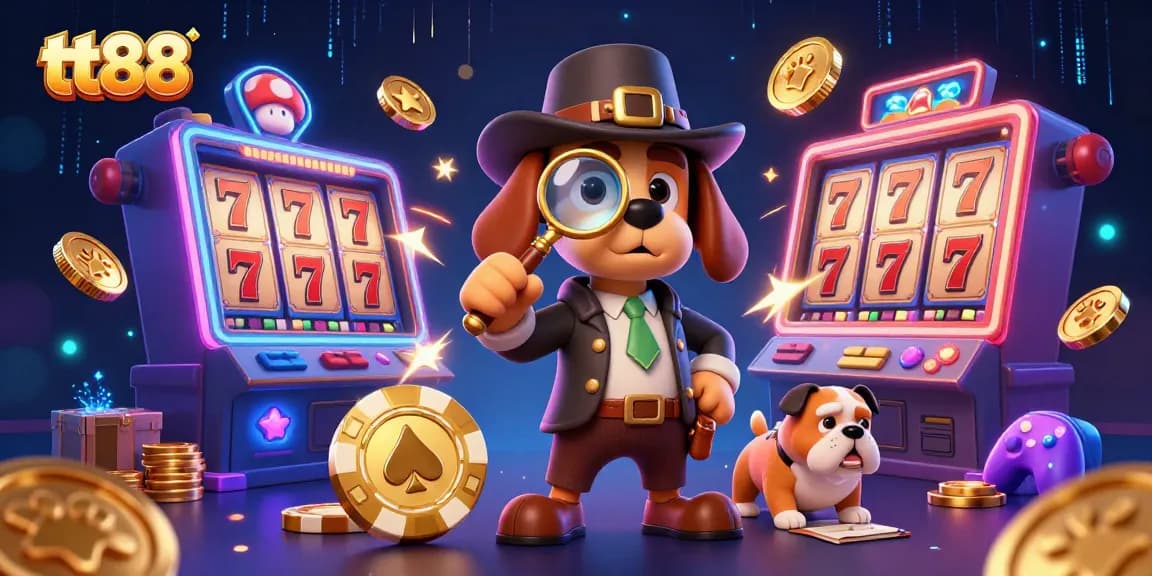 Experience thrilling entertainment with tt88's vibrant slot machines and cartoon detective scene, exploring casino treasures.