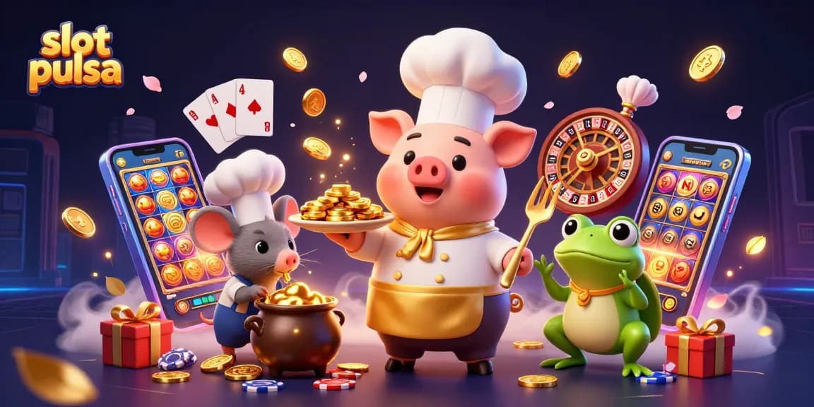 Engage with slot pulsa action in this vibrant 3D illustration featuring casino characters and elements.