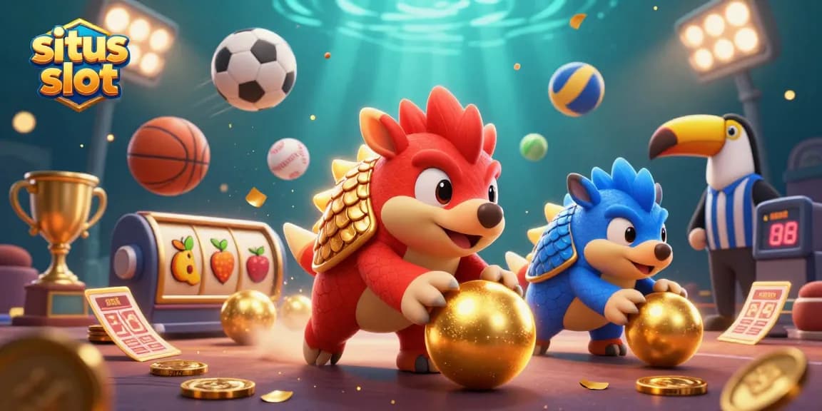 Situs slot competition between cartoon pangolins in vibrant 3D, showcasing rolling winnings and dynamic gaming elements.