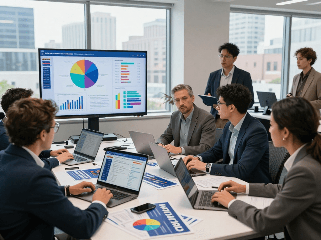 Political campaign team discussing connected TV political ads in modern office setting.
