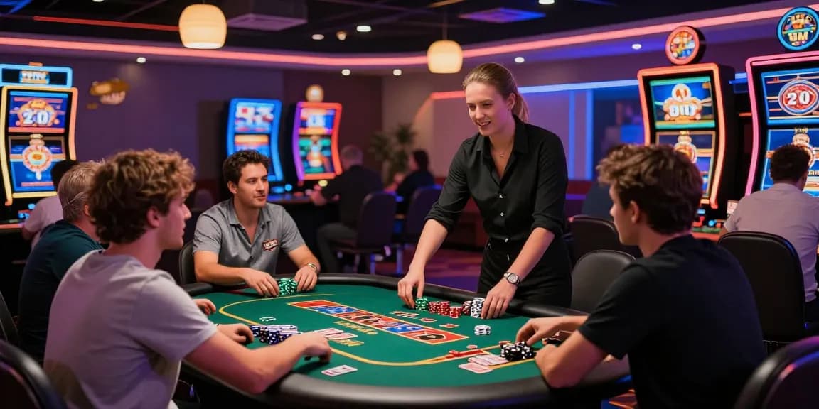 Scène excitante de casino en ligne avec des joueurs divers s'engageant dans des jeux et des interactions avec des croupiers en direct.