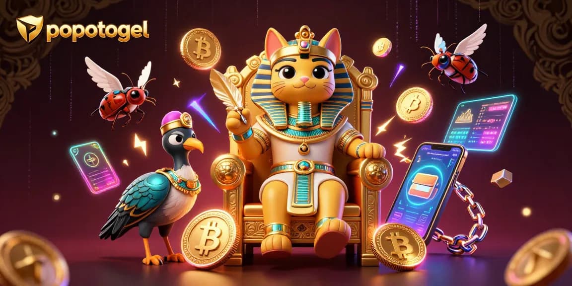 Experience popotogel's premium slots with vibrant illustrations featuring exciting 3D characters and cryptocurrency elements.