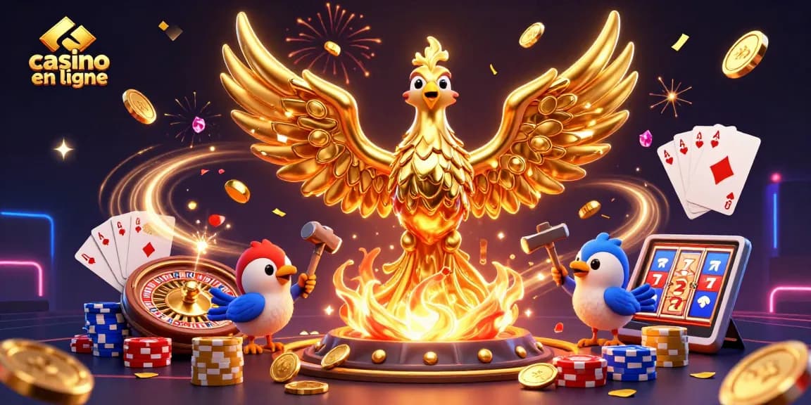 Visualisez le casino en ligne avec un phœnix doré, des jetons et des jeux captivants.