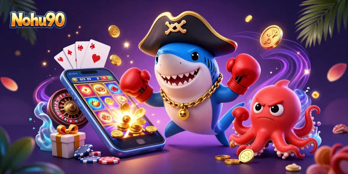 Nohu90 showcases thrilling slot gains, featuring a vibrant pirate shark, boxing pufferfish, and playful octopus.