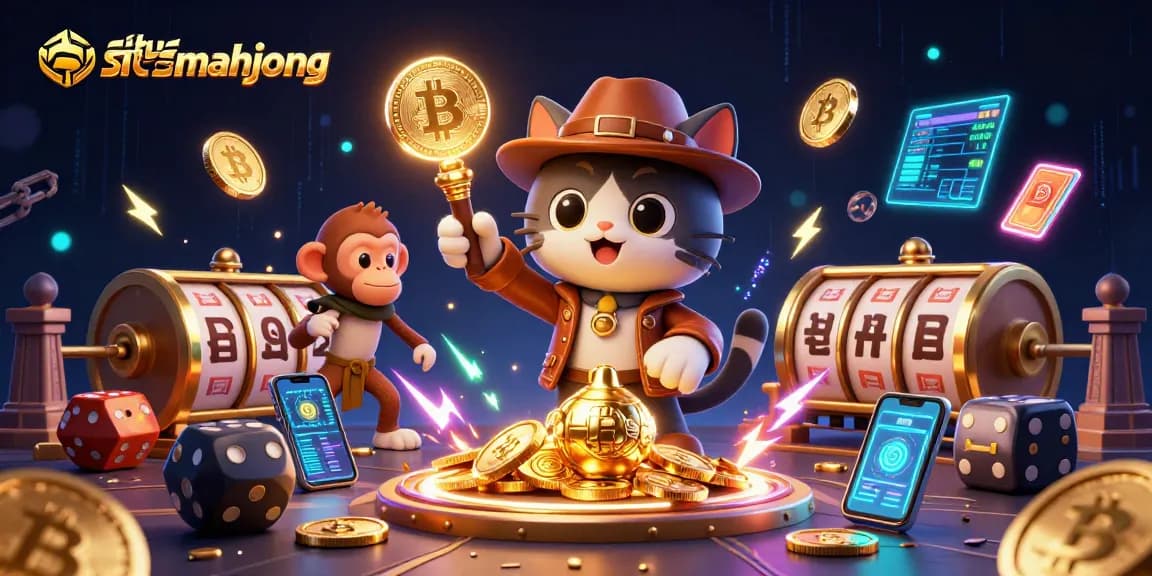 Experience situs mahjong excitement with a dynamic illustration of a cat explorer finding casino treasures.