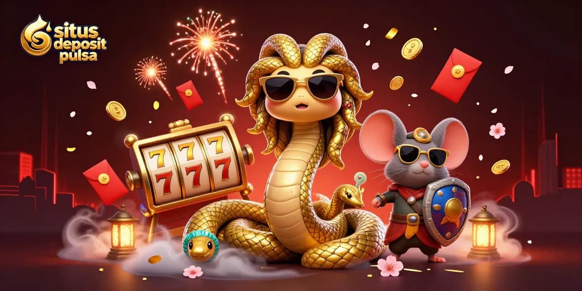 Situs deposit pulsa showcases exciting slot gameplay with friendly Medusa and a warrior, surrounded by festive casino elements.