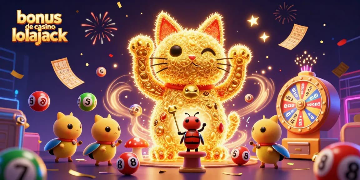 Profitez du bonus de casino lolajack avec cette illustration dynamique de jeux et symboles de casino animés.