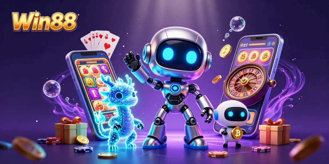 Win88 captures the excitement of spinning slots with futuristic characters and dynamic casino elements.
