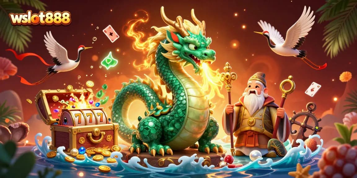Permainan slot gacor unik dalam ilustrasi 3D dari wslot888 dengan naga, kura-kura, dan burung crane.