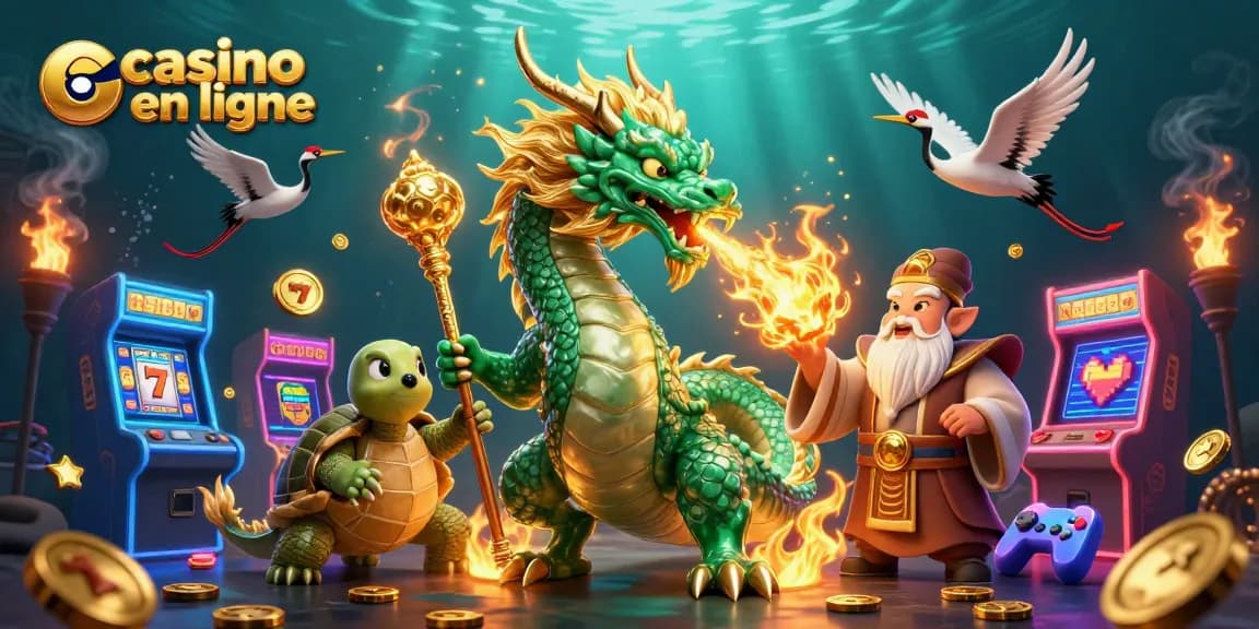 Les joueurs profitent d'une expérience de casino en ligne vibrante avec un dragon en jade, une tortue sage et des grues porte-bonheur.