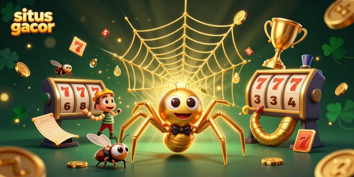 Spark your wagers at this vibrant situs gacor slot machine scene, featuring an animated spider and dynamic game elements.