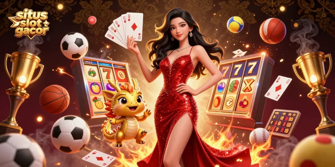Situs slot gacor showcasing a stunning Asian woman with a dragon mascot amidst dynamic slot game elements, inviting gamers to win.