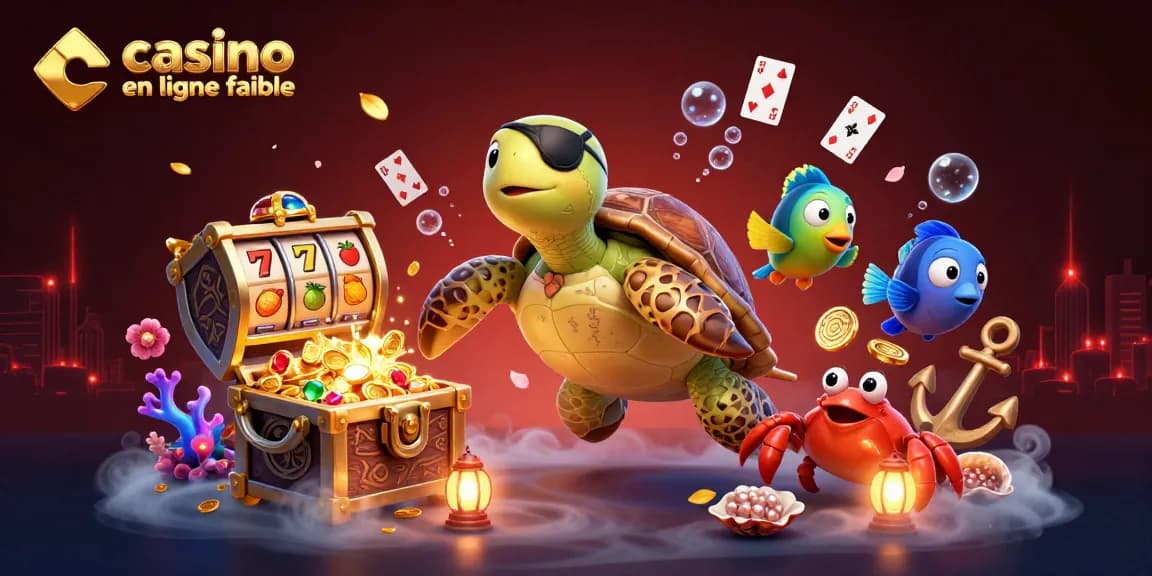 Jouer sur un casino en ligne fiable avec une tortue pirate 3D entourée de trésors et d'éléments de jeux de casino.