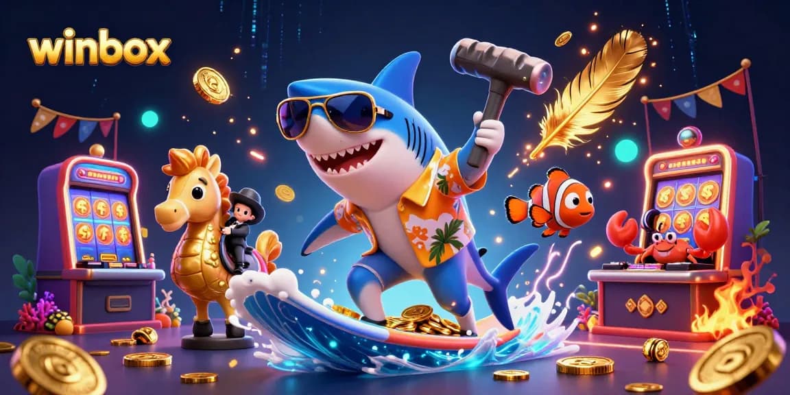 Join the action at winbox with a lively scene of cartoon characters enjoying casino games and golden treasures.