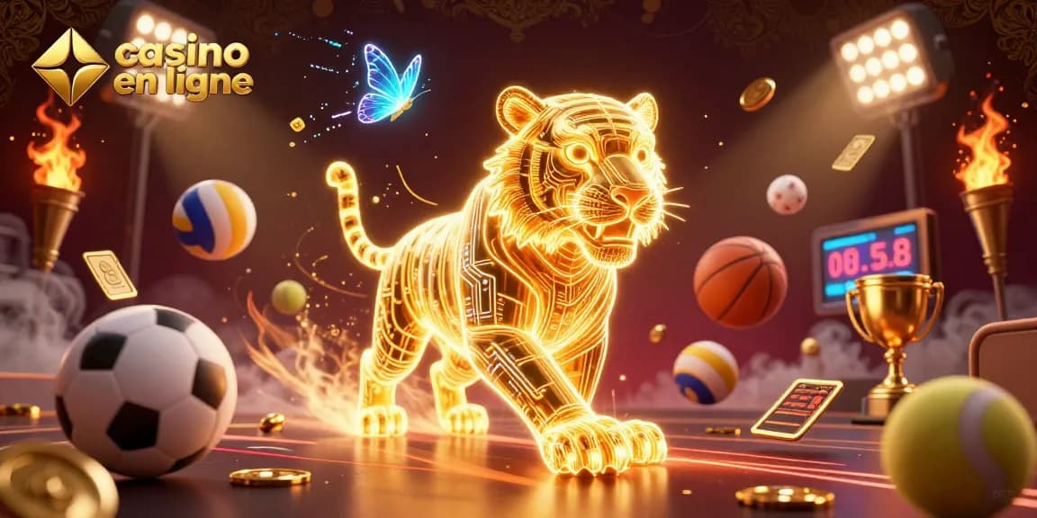 Jouez au casino en ligne avec l'illustration dynamique d'un tigre en lumière et d'éléments de jeu.