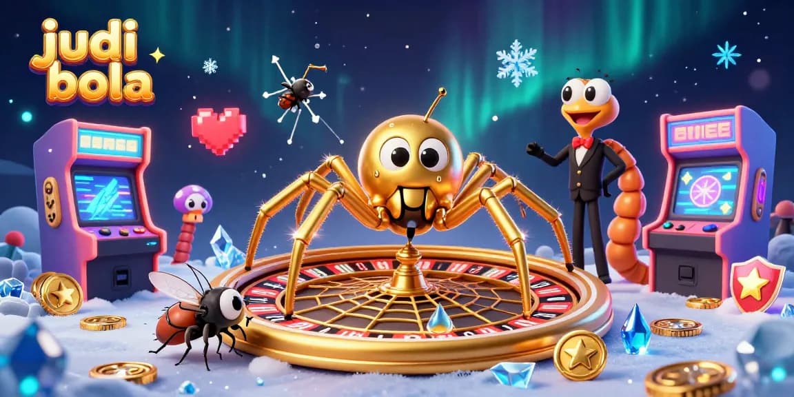 Experience judi bola with a nervous fly betting as a golden spider spins a roulette web, surrounded by vibrant casino elements.