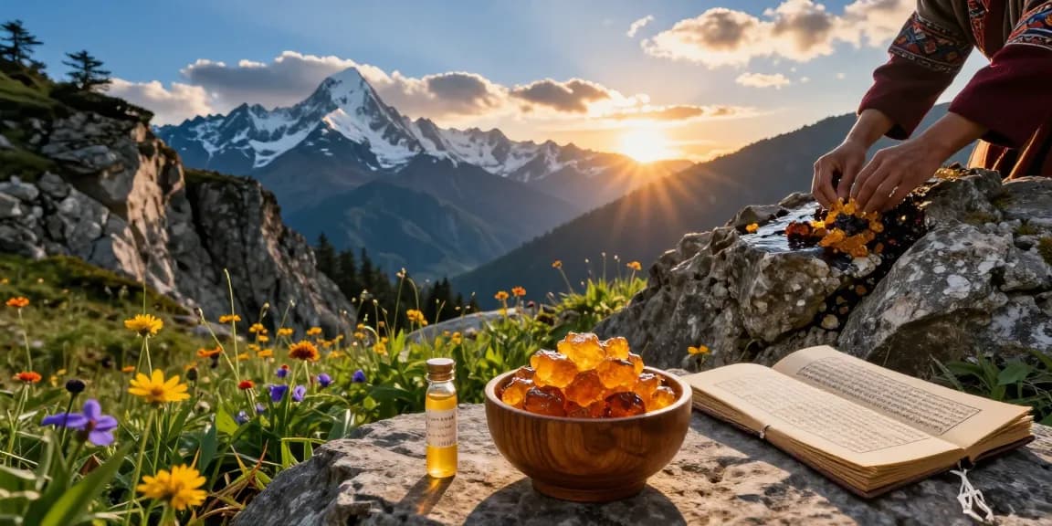 Shilajit Australia: Authentic Himalayan resin collection in natural landscape with vibrant sunset.