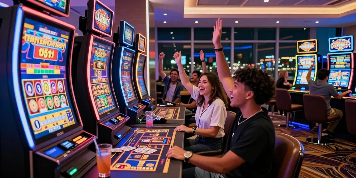 Permainan slot menarik di kasino modern dengan pemain merayakan kemenangan besar.