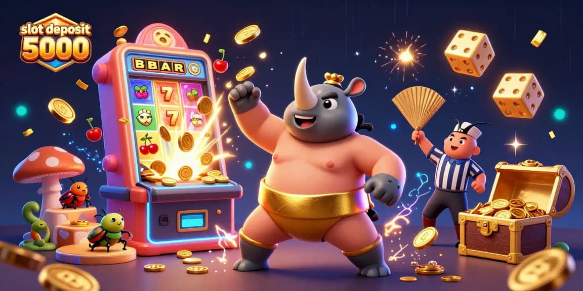 Slot deposit 5000 dengan pemenang bergaya, koin emas bertebaran dari mesin slot yang meledak.