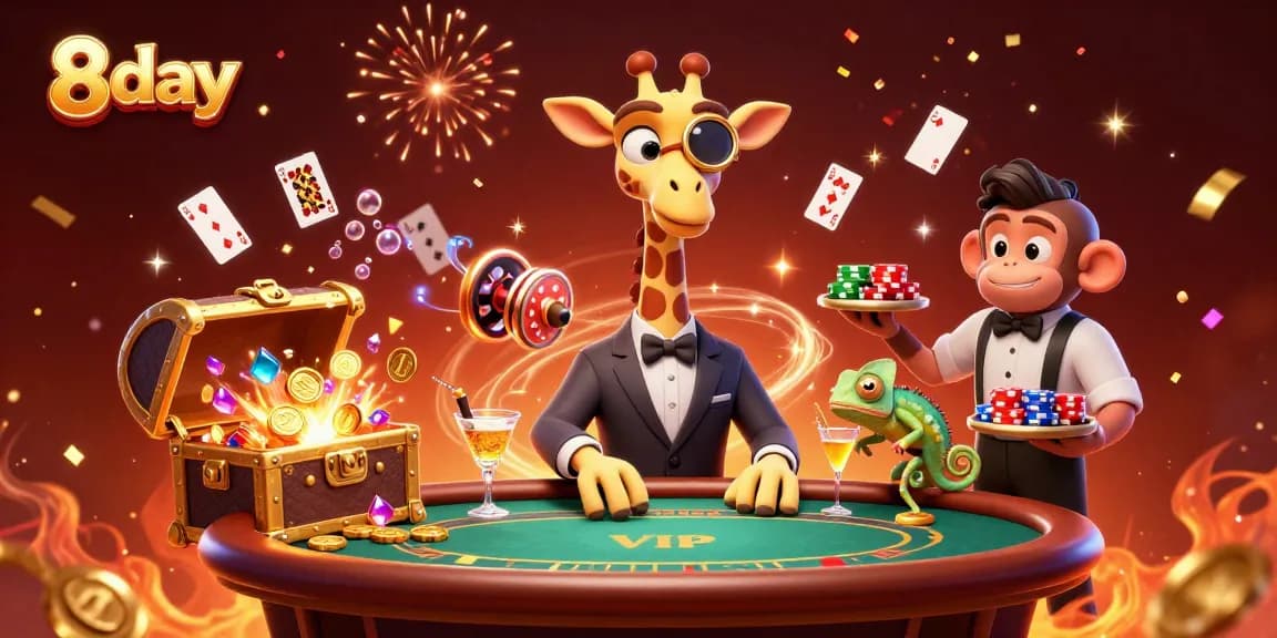 Experience luxury with 8day as a high-roller giraffe and friends enjoy a vibrant casino atmosphere.