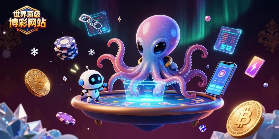 在世界頂級博彩網站中，外星章魚與機器人一同操作全息撲克桌，遊戲元素閃亮四射。