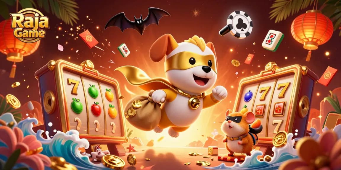 Engage with Raja Game's thrilling slots and jackpots, featuring a superhero dog and hamster in action.