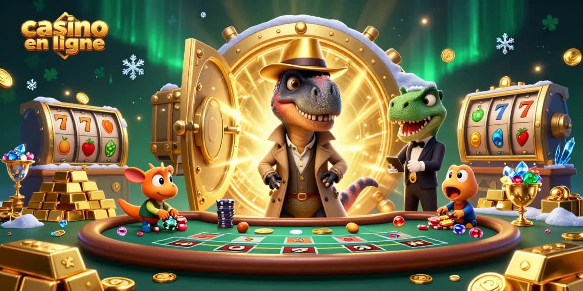 Un velociraptor au casino en ligne, camouflé à une table de blackjack, entouré de trésors étincelants.