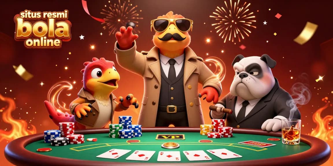 Bet on situs resmi bola online with three raptors in disguise at a vibrant casino scene, complete with poker elements.