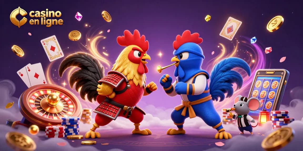 Vivez l'excitation du casino en ligne avec des coqs dynamiques en combat au milieu d'éléments de jeu éblouissants.