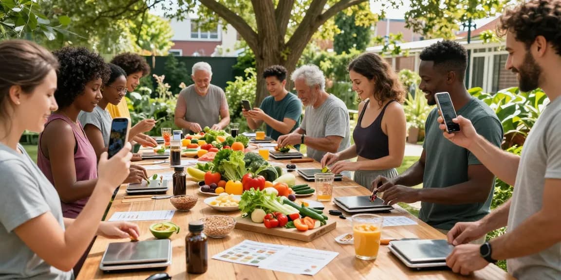 Participants in a cooking class preparing healthy meals with best calorie tracking apps in use, showcasing fresh ingredients and community spirit.