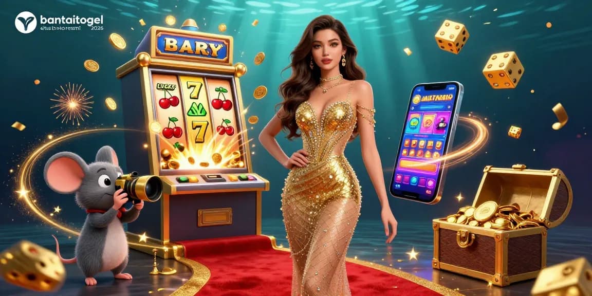 Capture wins with bantaitogel situs toto resmi 2026 as coins burst from a 3D slot machine amidst vibrant gaming symbols