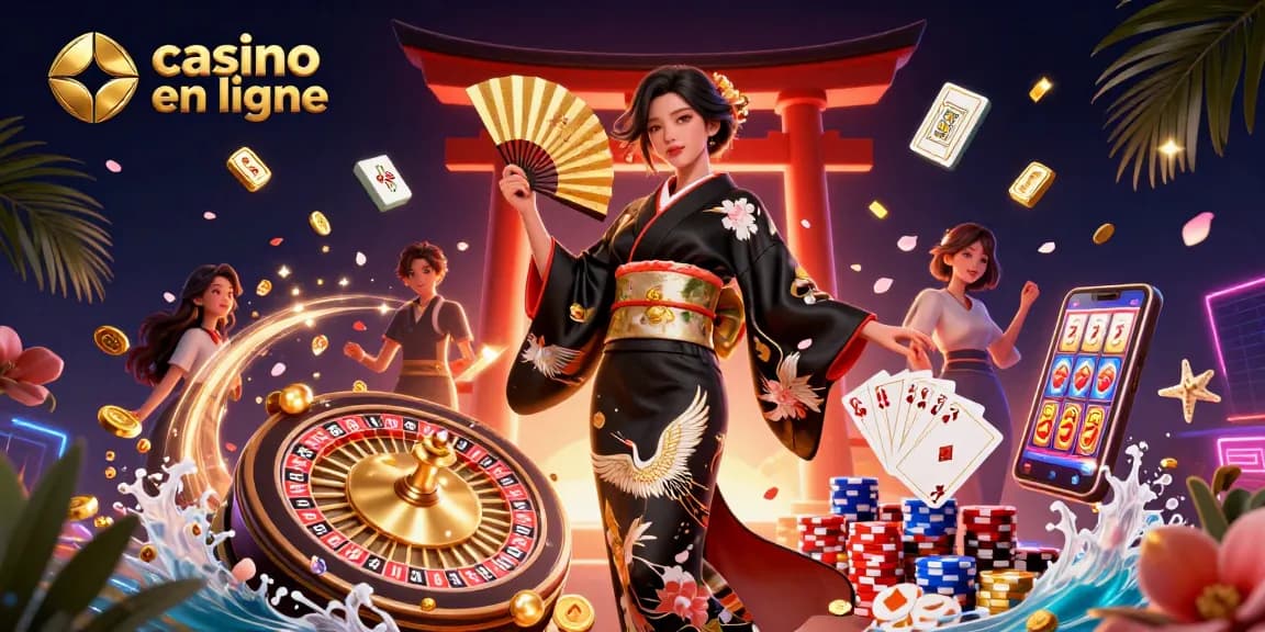 Engagez-vous avec le casino en ligne à travers une scène numérique 3D vivante représentant des personnages élégants et des éléments de jeu dynamiques.