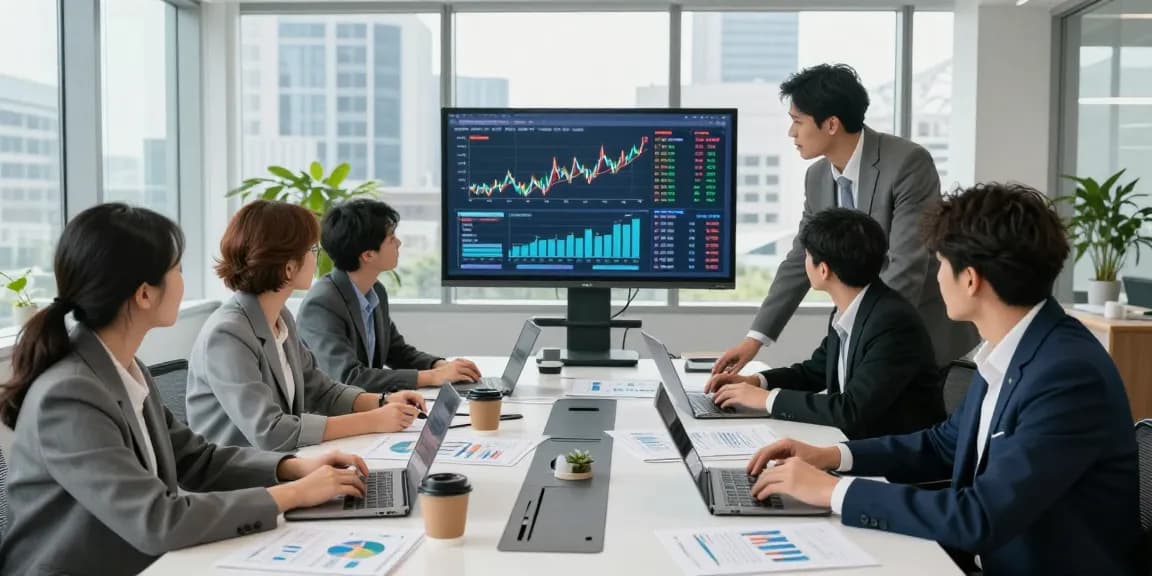 Third Eye Capital financial analysts collaborating in a modern office discussing investment strategies and market trends.