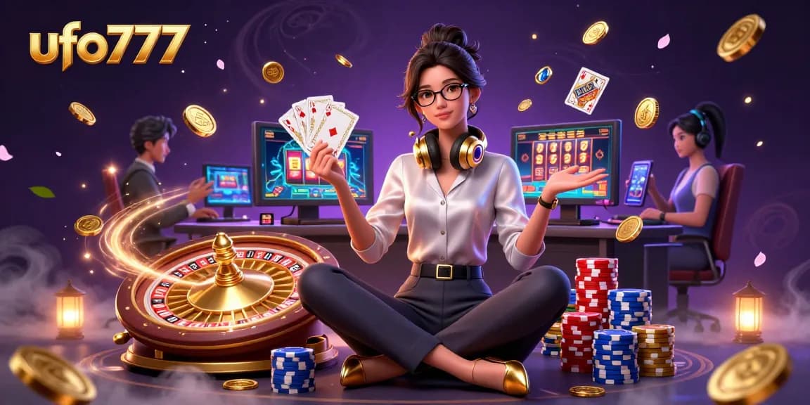 Engage with ufo777's immersive gaming experience in a vibrant, casino-themed 3D scene.