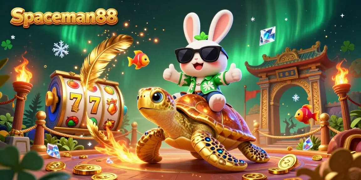 Experience big wins with spaceman88 in this vibrant casino illustration featuring a lucky rabbit and golden turtle.