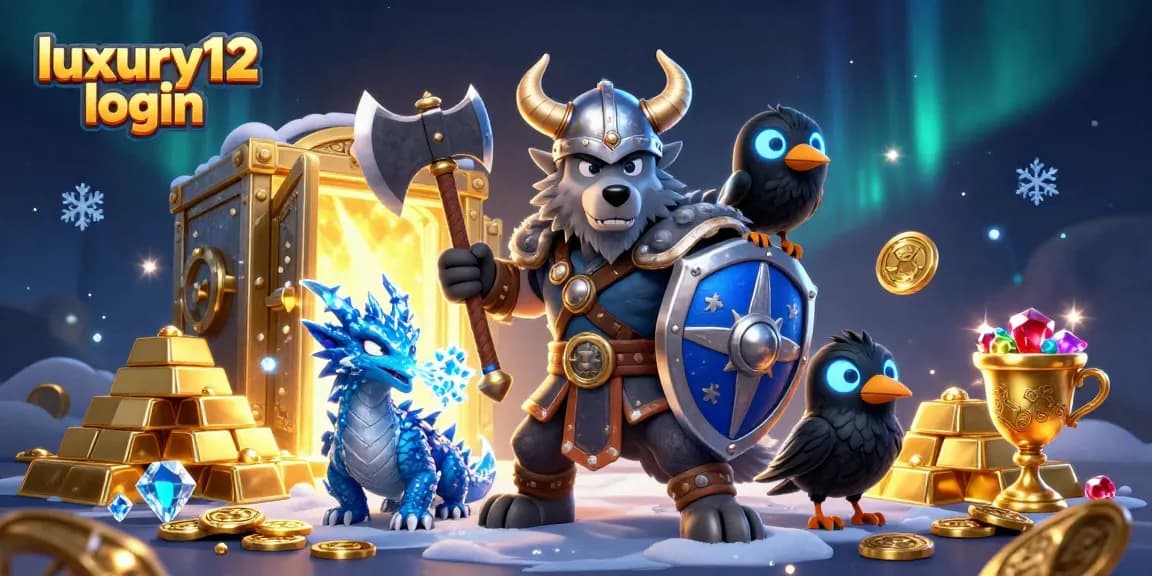 Win big with luxury12 login: engaging illustration featuring Viking warrior and dragon amidst casino treasures.