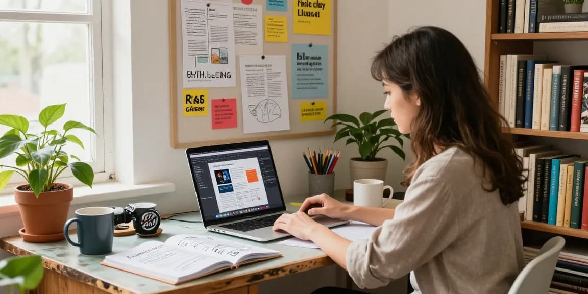 Writer in a cozy blog studio, creating engaging content to read more here with inspiring surroundings.