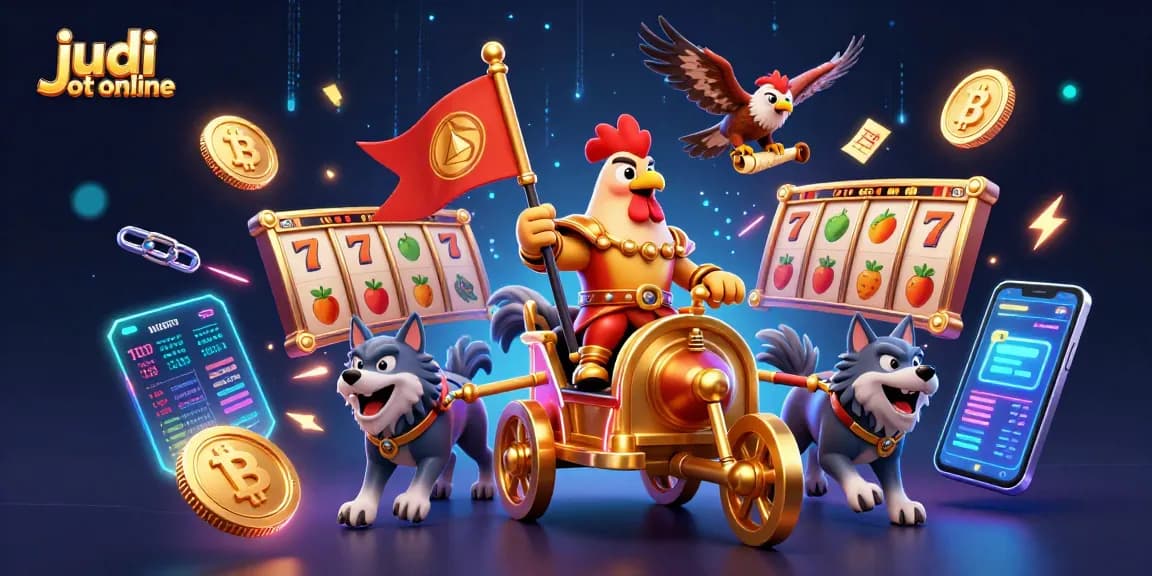Engage in judi slot online with a dynamic scene featuring a rooster warlord and visual elements like slot reels and cryptocurrency.