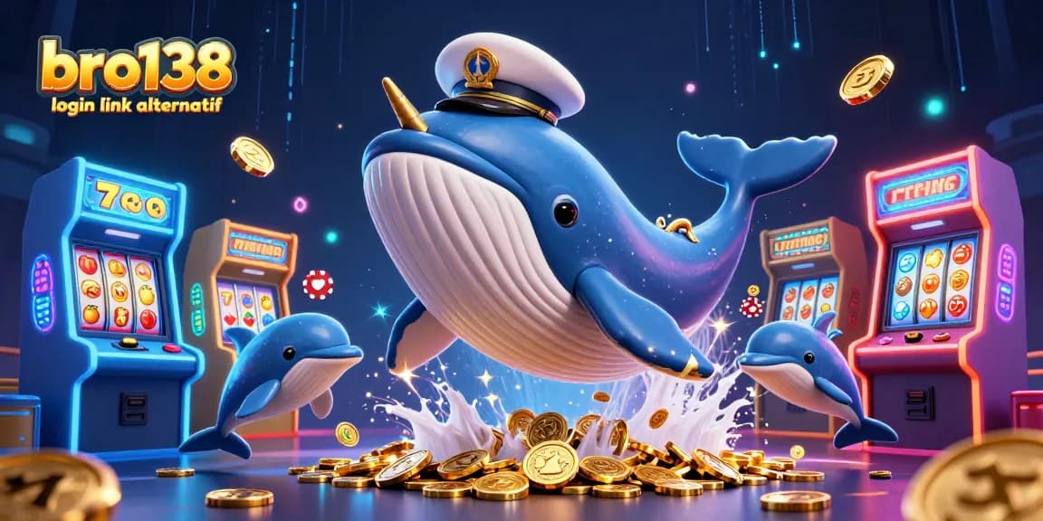 Engage with the vibrant scene of bro138 login link alternatif featuring a whale and dolphins amidst casino elements.