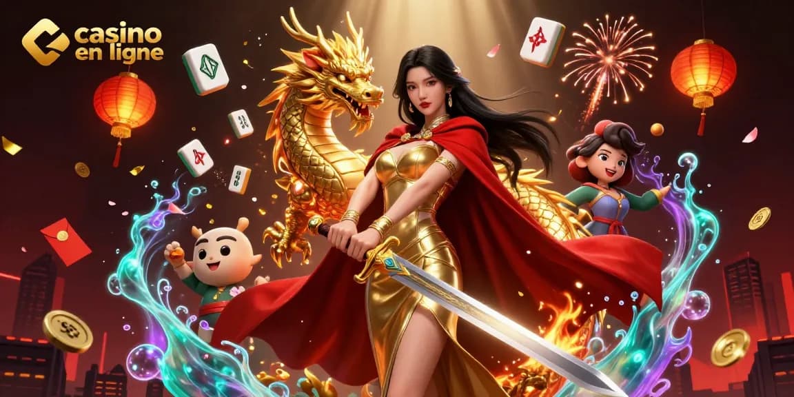 Interagissez avec le casino en ligne dans une scène 3D épique mettant en avant une reine guerrière féroce au milieu d'éléments de jeu vibrants.